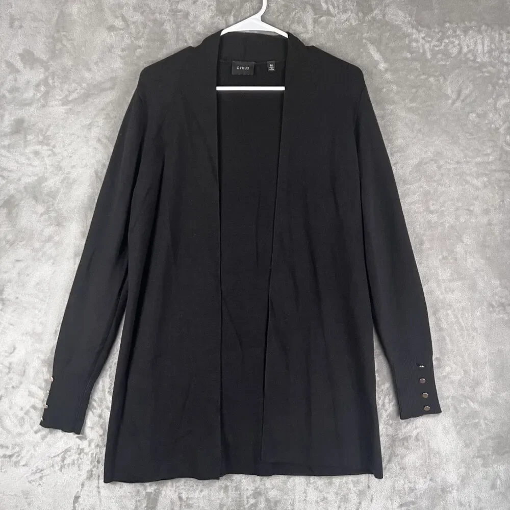 Cyrus Black Longline Open Front Cardigan Women’s M Gold Button Cuff Sweater